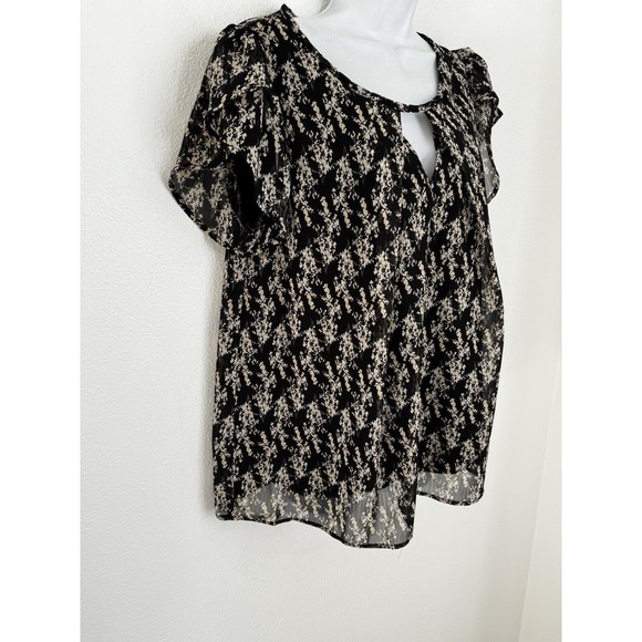 Kaileigh women black Tan Floral Short Sleeve Blouse Keyhole Neck Office Career M - Picture 2 of 8